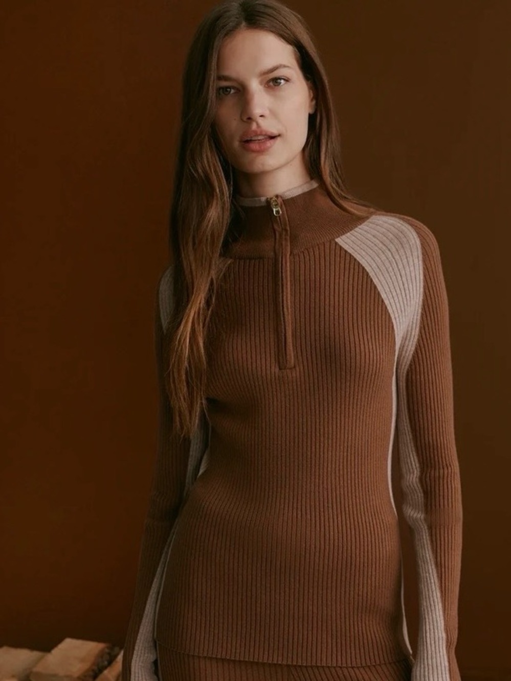 Varley Alpine Billings Half Zip Ribbed Brown Cocoa Dust Knit Sweater sz M